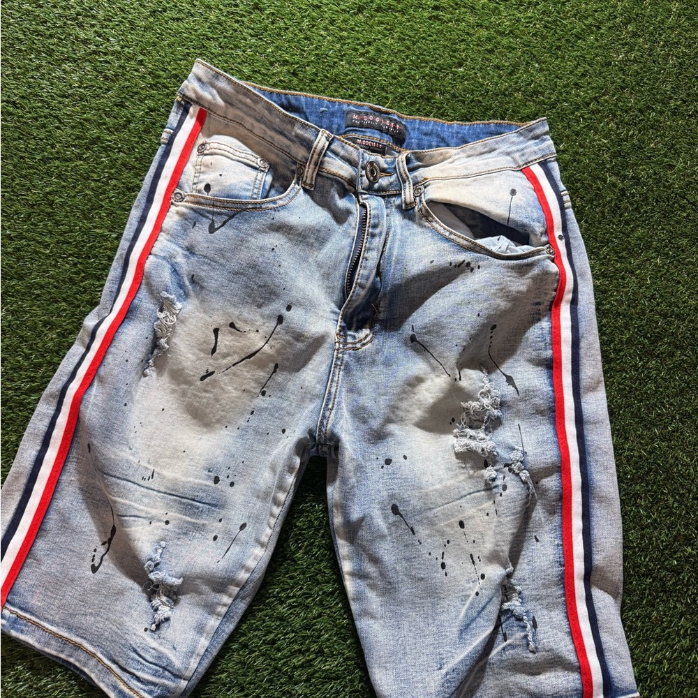 Society Blue and Red Jean Shorts Distressed Style
